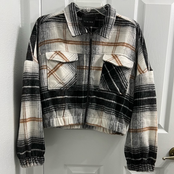 Timing Jackets & Blazers - Cropped Plaid Fleece Zip Up Jacket